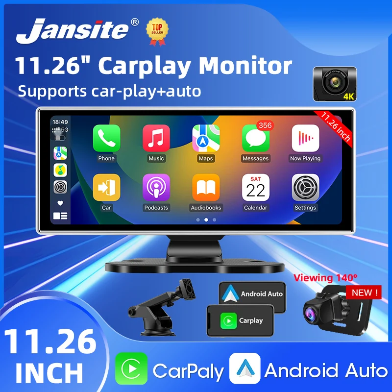 11.26 Inch Wireless CarPlay & Android Auto Dash Cam 4K DVR Bluetooth Audio GPS Navigation Dashboard Dual Lens Video Recorder