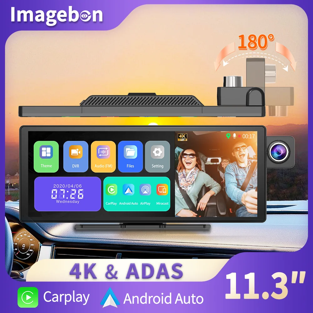 11.3" Imagebon H50 Dash Cam 4K ADAS Wireless CarPlay & Android Auto 3 Channel Recording Time Lapse 24h Park Monitor Black Box