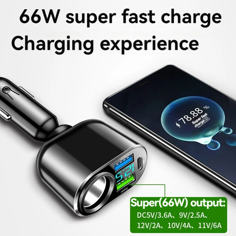 66W Car socket USB Car charger QC3.0 PD3.0 distributor Charger adapter Power socket with LED display fast char