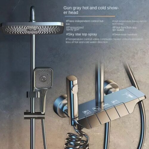 Modern Gun Metal Gray Digital Display Shower Faucet Set: 4-Way Rainfall & Bidet Mixer